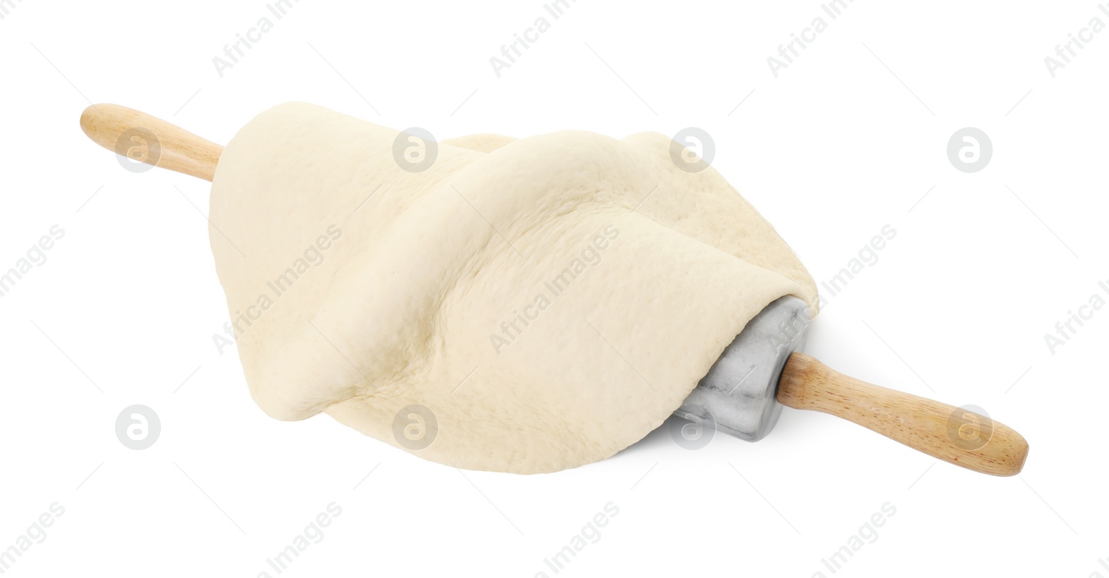 Photo of Raw dough and rolling pin isolated on white