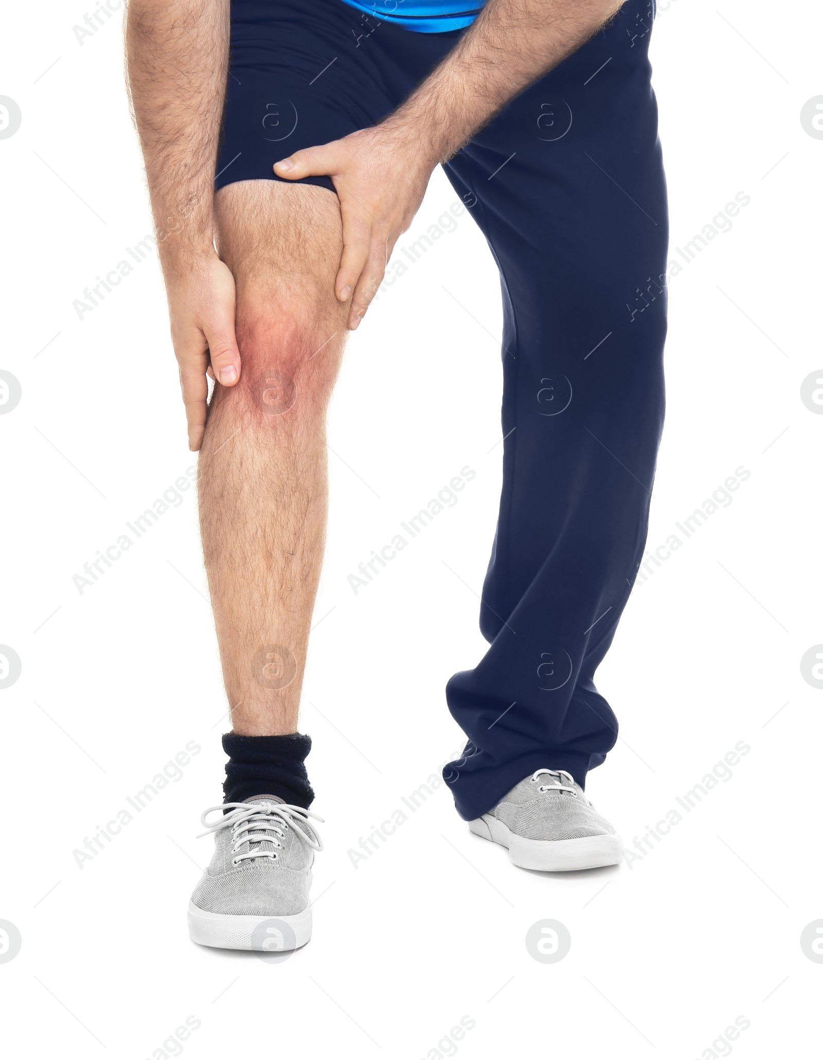 Photo of Overweight man suffering from knee pain on white background