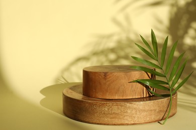 Photo of Presentation of product. Wooden podiums and palm leaf on yellow background. Space for text