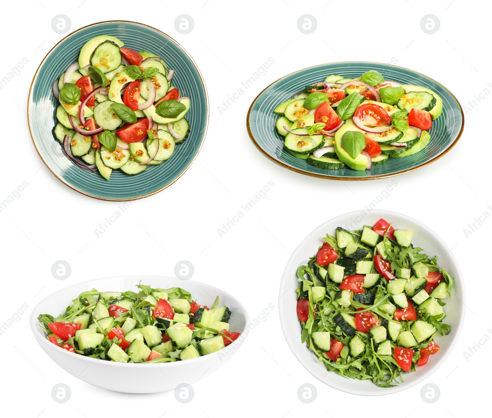 Image of Set of delicious salad with cucumbers and different ingredients on white background