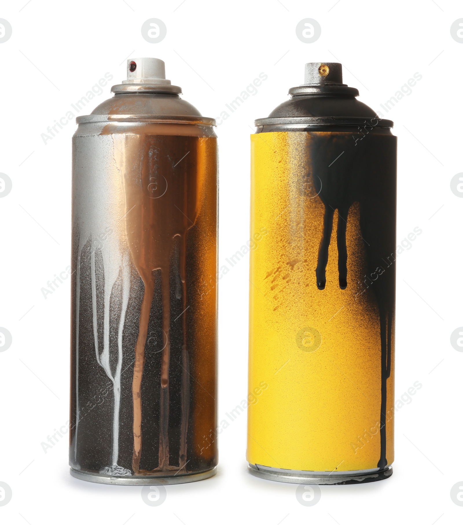 Photo of Used cans of spray paint on white background