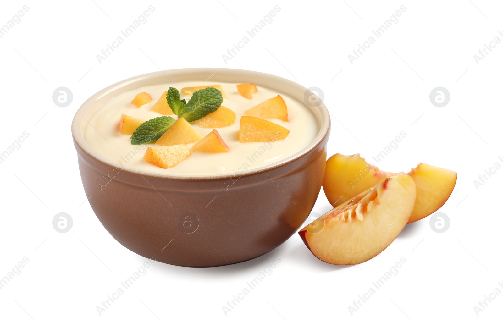 Photo of Delicious yogurt with fresh peach and mint on white background