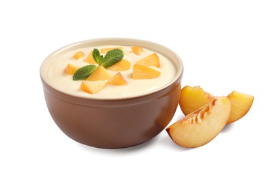 Photo of Delicious yogurt with fresh peach and mint on white background
