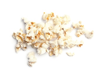 Pile of delicious fresh popcorn on white background, top view