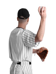 Baseball player throwing ball on white background, back view