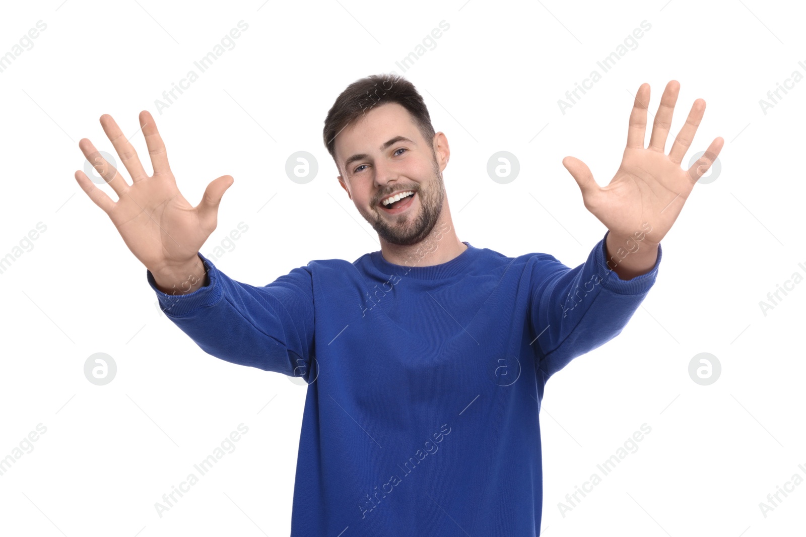 Photo of Man giving high five with both hands on white background