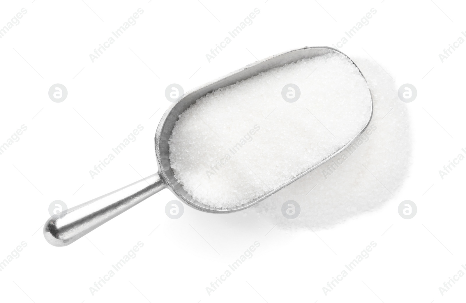 Photo of Metal scoop and granulated sugar isolated on white, top view