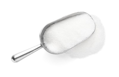 Photo of Metal scoop and granulated sugar isolated on white, top view