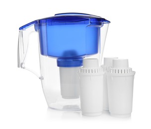 Photo of Water filter jug and replacement cartridges on white background