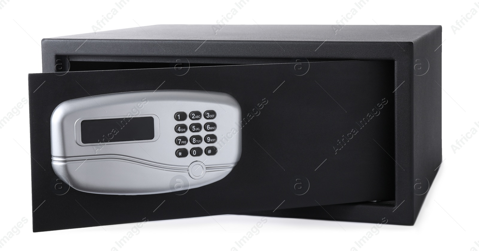 Photo of Open black steel safe with electronic lock isolated on white