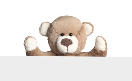 Photo of Cute teddy bear with blank card on white background