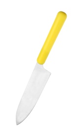 Photo of Sharp chef's knife with yellow handle on white background