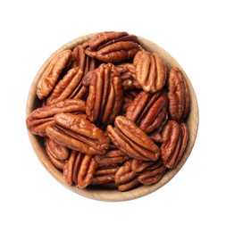 Photo of Tasty pecan nuts in bowl isolated on white, top view