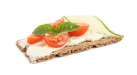 Photo of Fresh rye crispbread with cream cheese and vegetables isolated on white