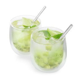 Photo of Glasses of refreshing drink with kiwi isolated on white