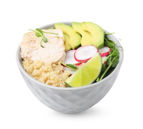 Photo of Delicious quinoa salad with chicken, avocado and radish in bowl isolated on white