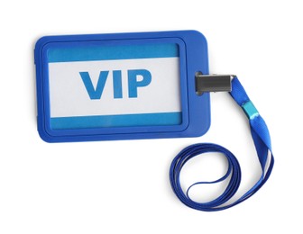 Blue vip badge isolated on white, top view