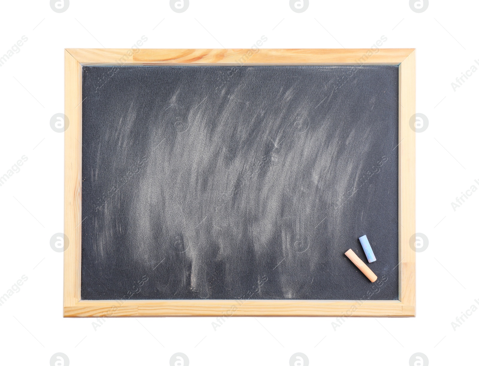 Photo of Dirty blackboard with chalk isolated on white, top view. Space for text