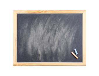 Dirty blackboard with chalk isolated on white, top view. Space for text