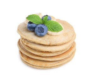 Photo of Tasty oatmeal pancakes and ingredients on white background