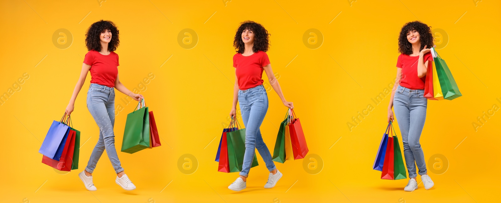 Image of Happy woman with shopping bags on orange background, set with photos