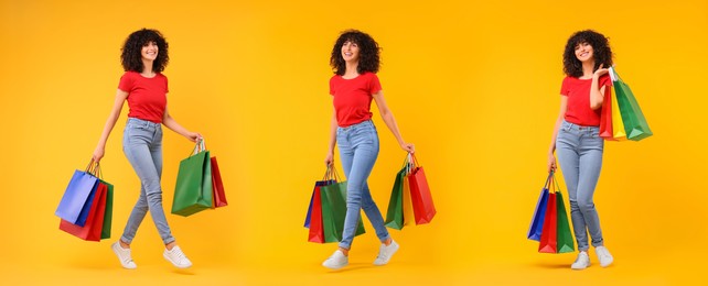 Happy woman with shopping bags on orange background, set with photos