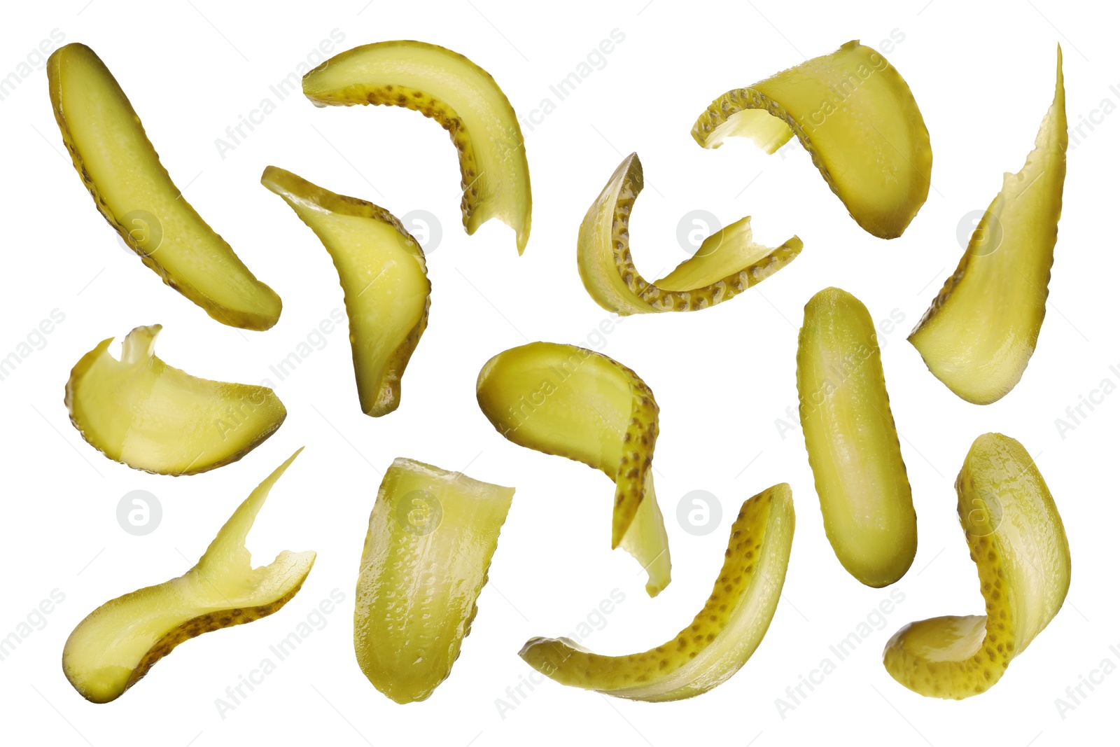 Image of Slices of tasty pickled cucumber isolated on white, set