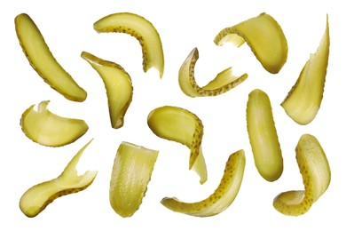 Slices of tasty pickled cucumber isolated on white, set