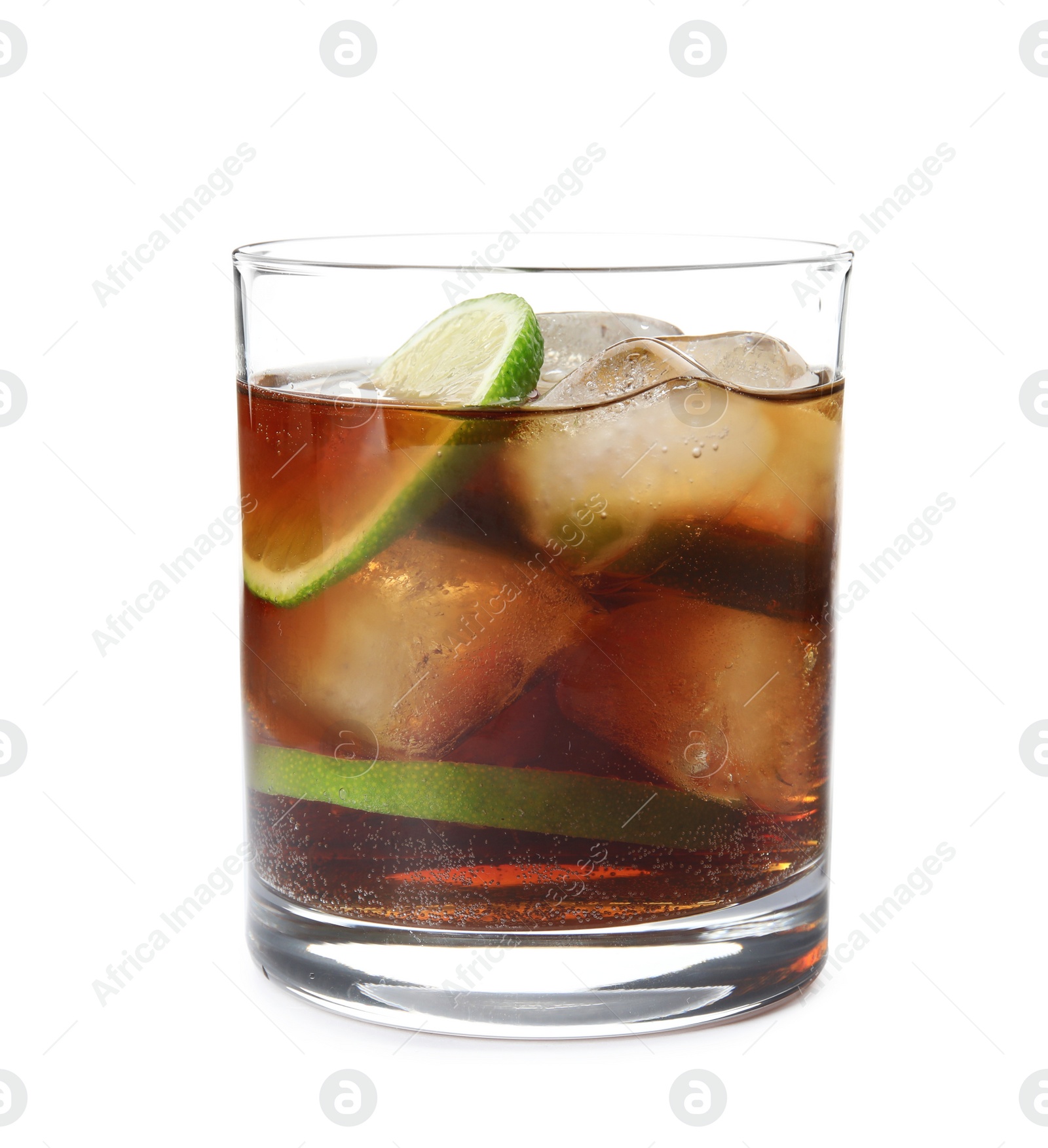 Photo of Glass of cocktail with cola, ice and cut lime on white background