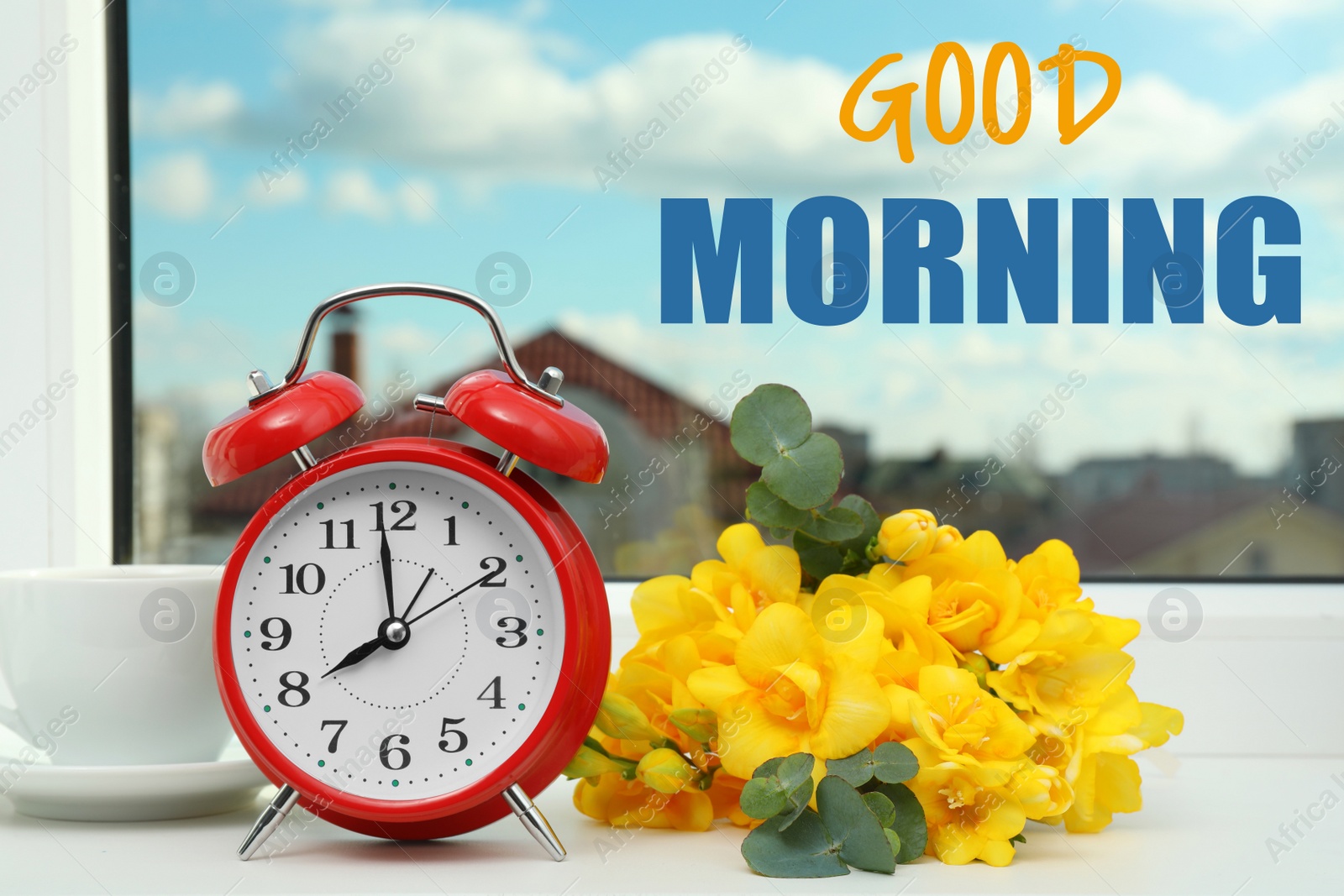 Image of Good Morning! Alarm clock, beautiful yellow freesias and cup of drink on windowsill