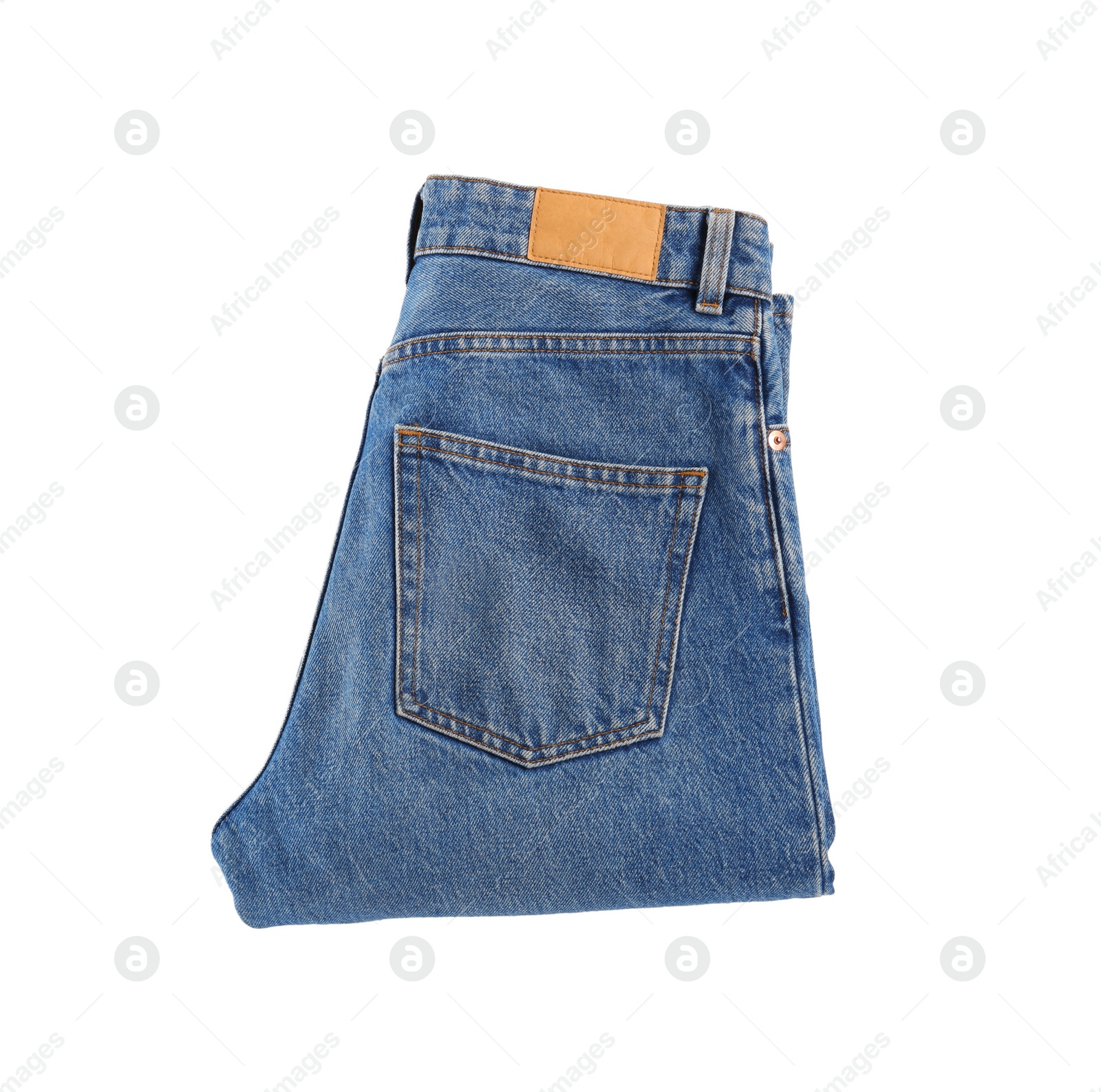 Photo of Blue jeans isolated on white, top view. Stylish clothes