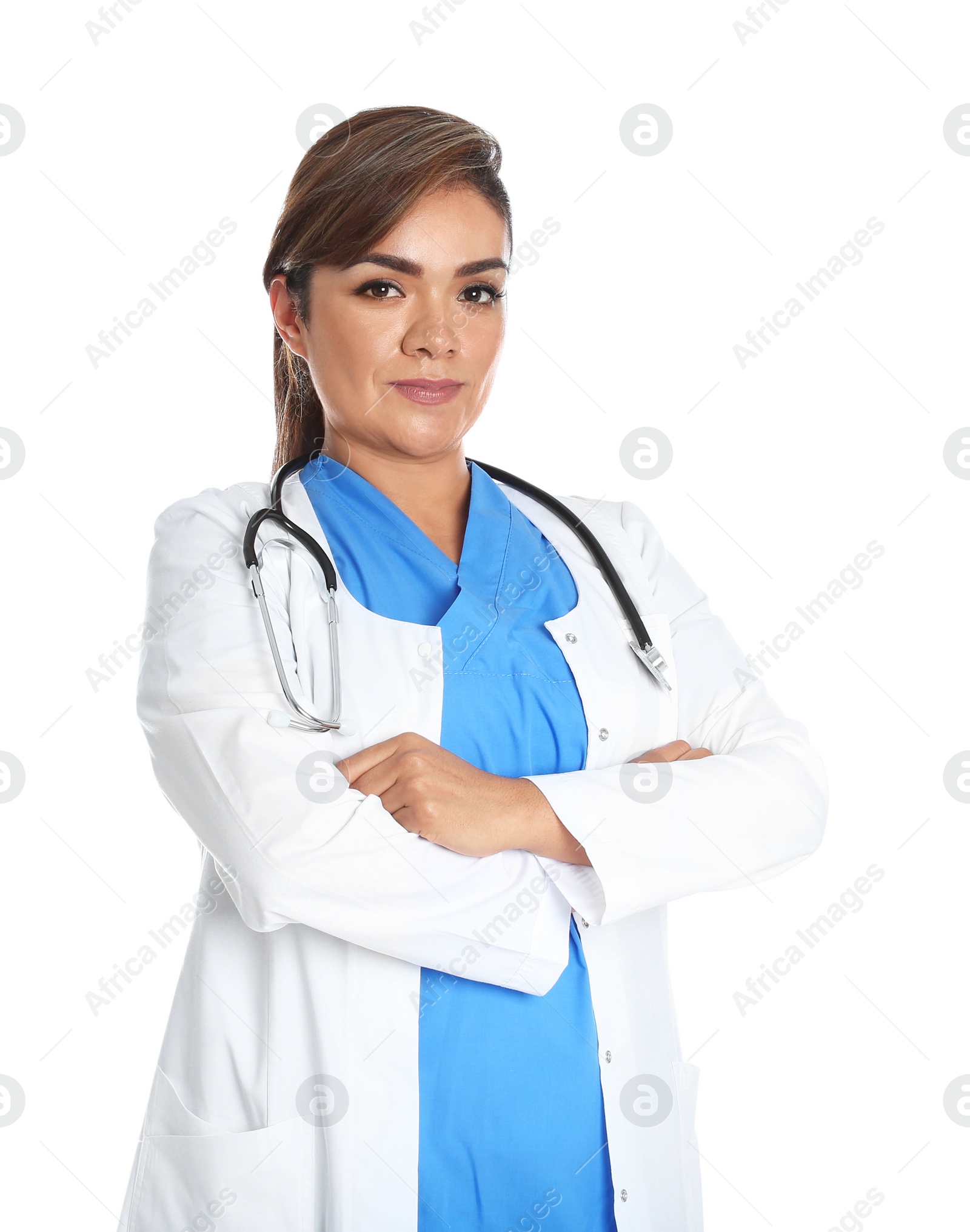 Photo of Portrait of female Hispanic doctor isolated on white. Medical staff