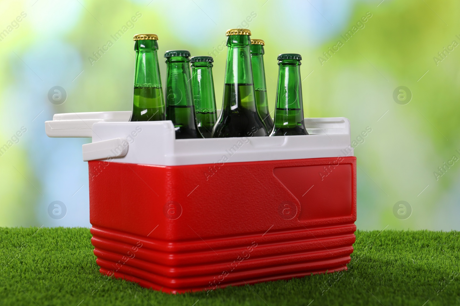 Photo of Plastic cool box with glasses of drink on artificial grass, closeup