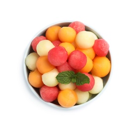 Photo of Melon balls and mint isolated on white, top view