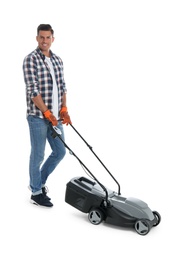 Photo of Man with modern lawn mower on white background