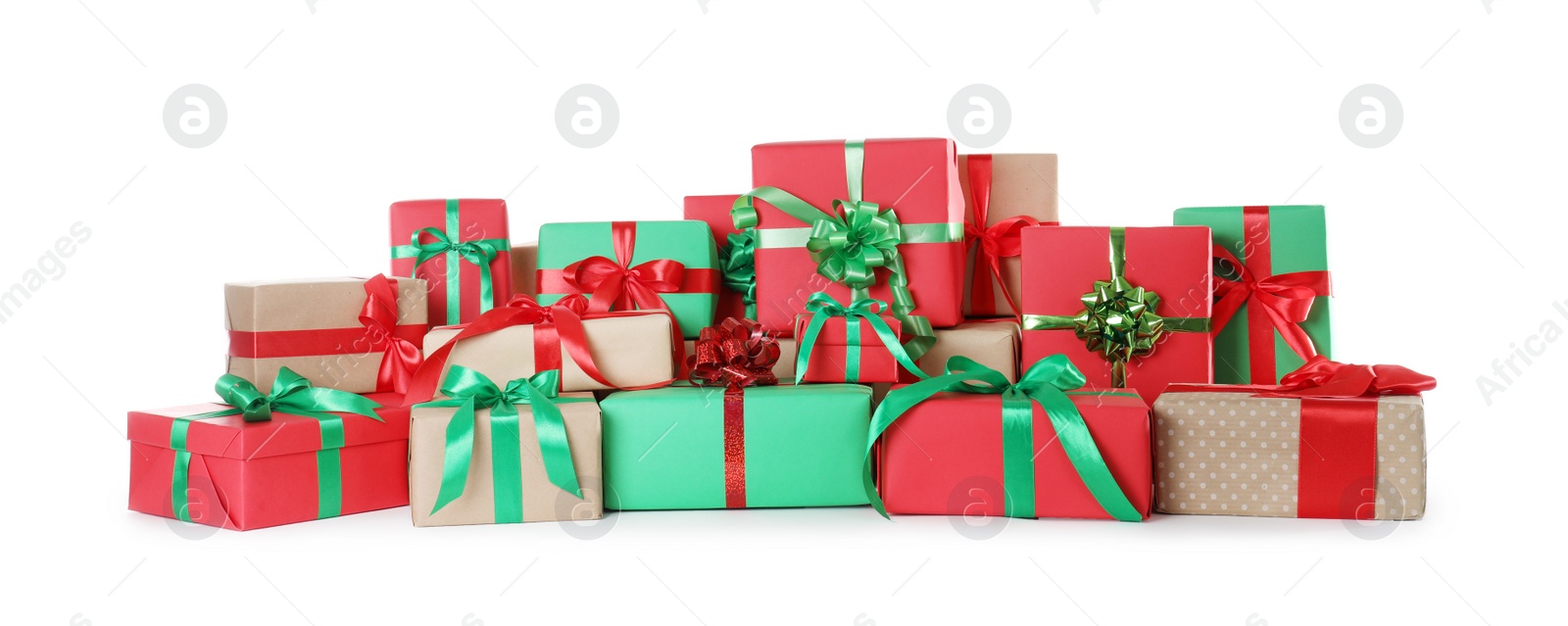 Photo of Many different Christmas gift boxes isolated on white