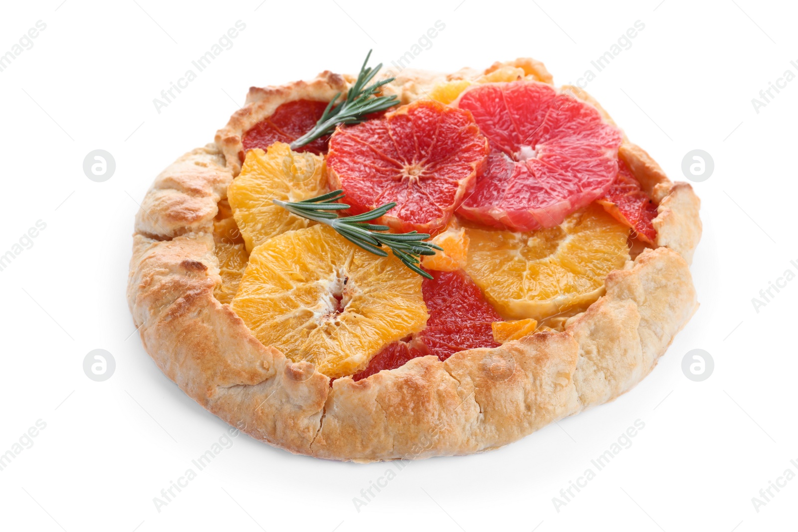 Photo of Delicious galette with citrus fruits and rosemary isolated on white