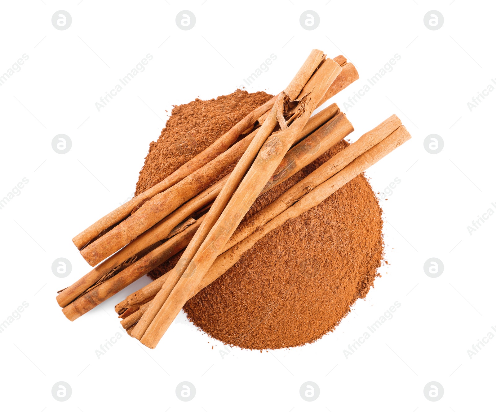 Photo of Aromatic cinnamon sticks and powder on white background, above view