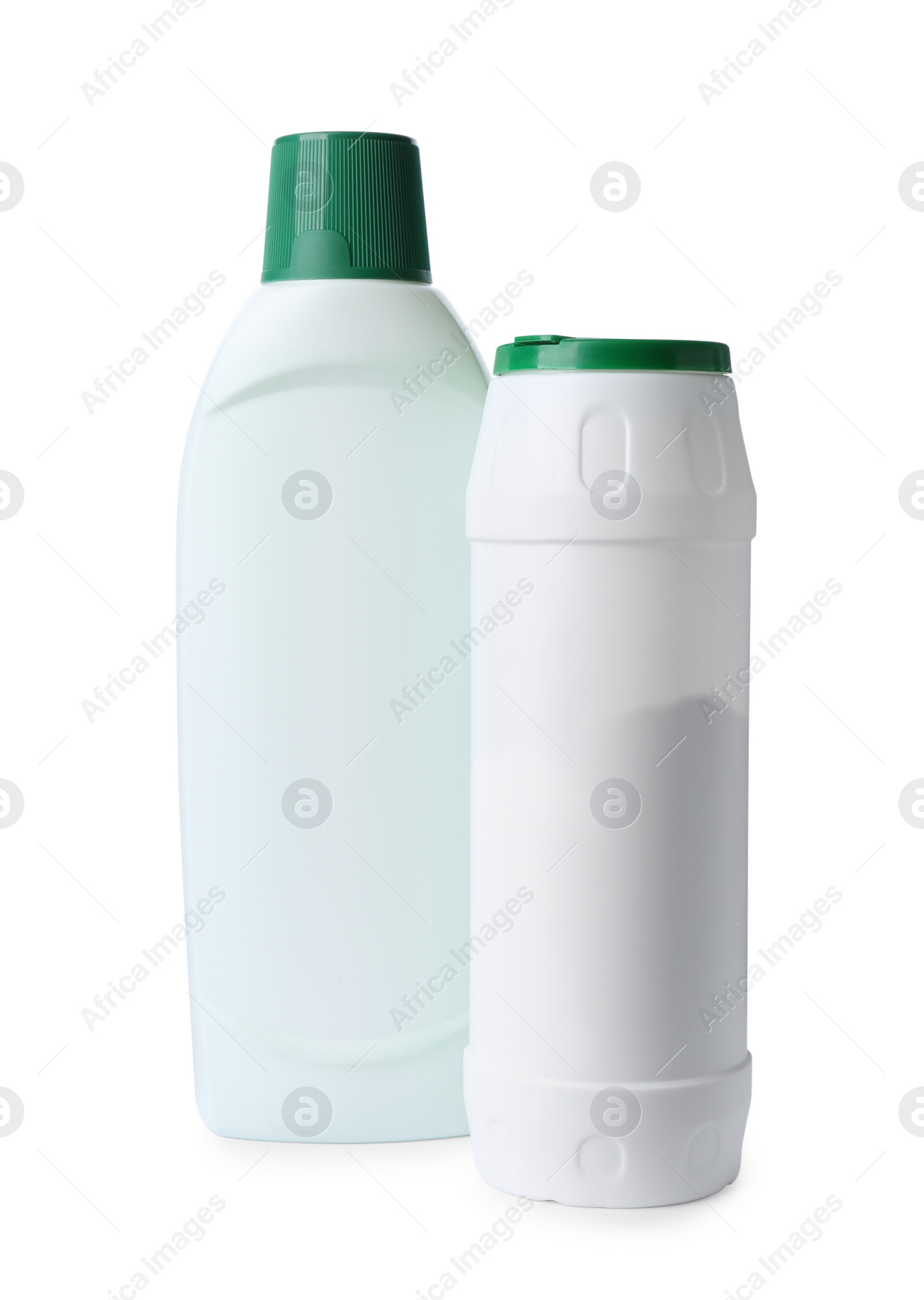 Photo of Bottles with different detergents on white background. Cleaning supplies