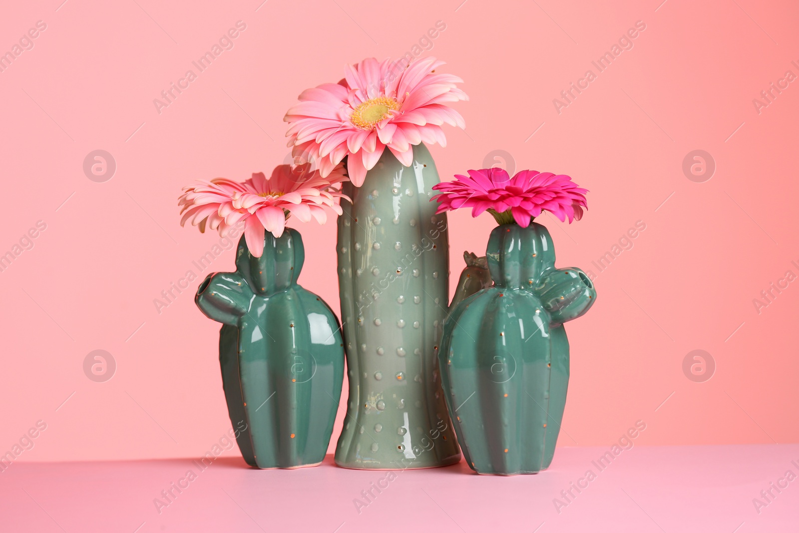 Photo of Decorative cacti and flowers on table against color background. International Women's Day