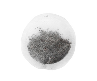 Photo of Unused round tea bag on white background