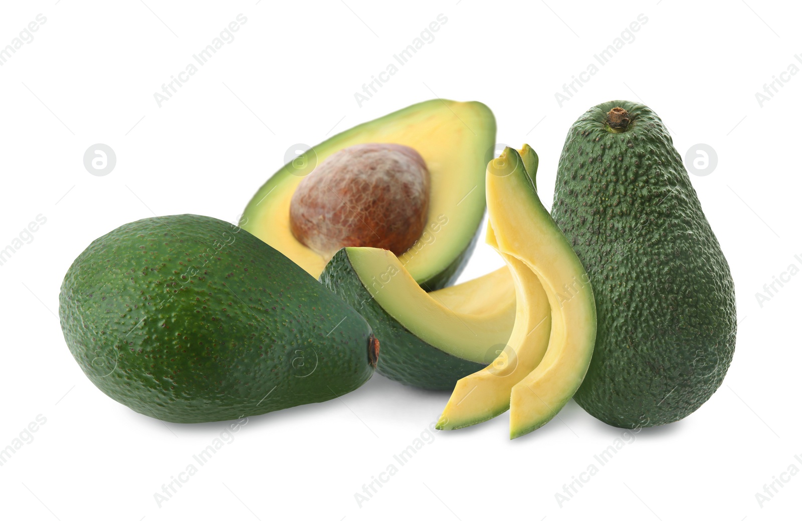 Image of Cut and whole fresh avocados on white background