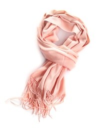 Image of Stylish scarf on white background, top view
