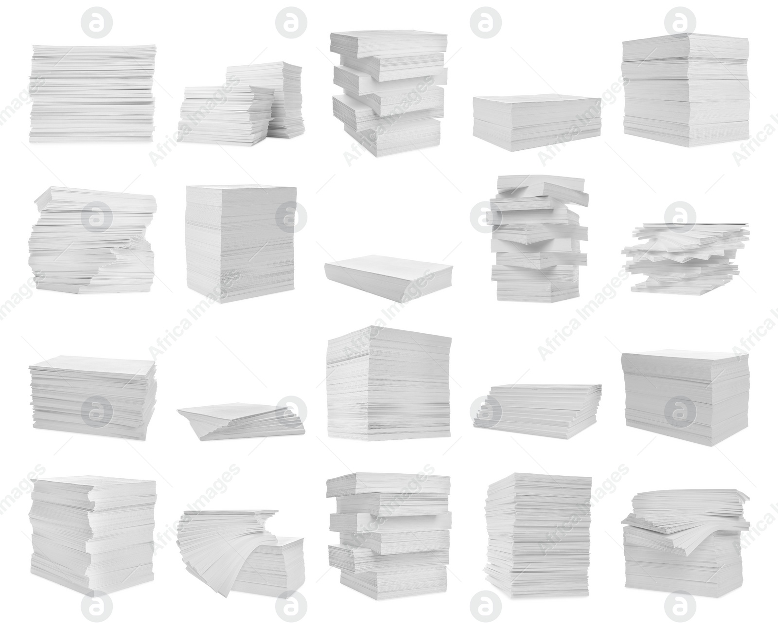 Image of Set with stacks of blank paper on white background