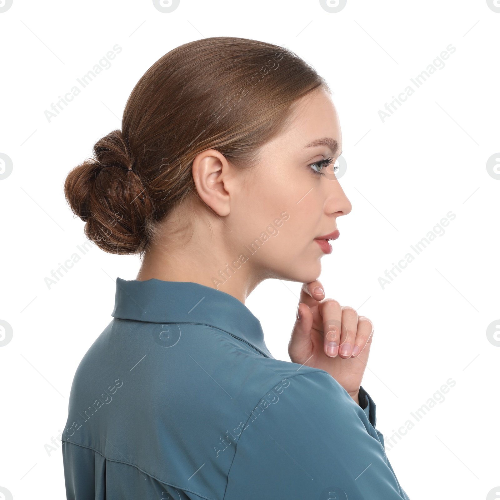 Photo of Portrait of young businesswoman on white background