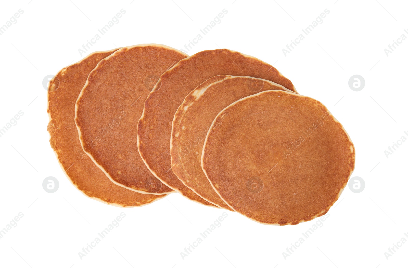 Photo of Tasty pancakes isolated on white, top view