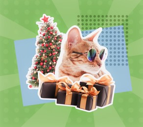 Image of Creative collage. Cat in sunglasses and gift boxes near Christmas tree against color background