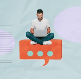 Image of Dialogue. Man with laptop sitting on speech bubble on color background
