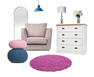 Stylish interior design. Different decorative elements and furniture on white background. Mood board collage