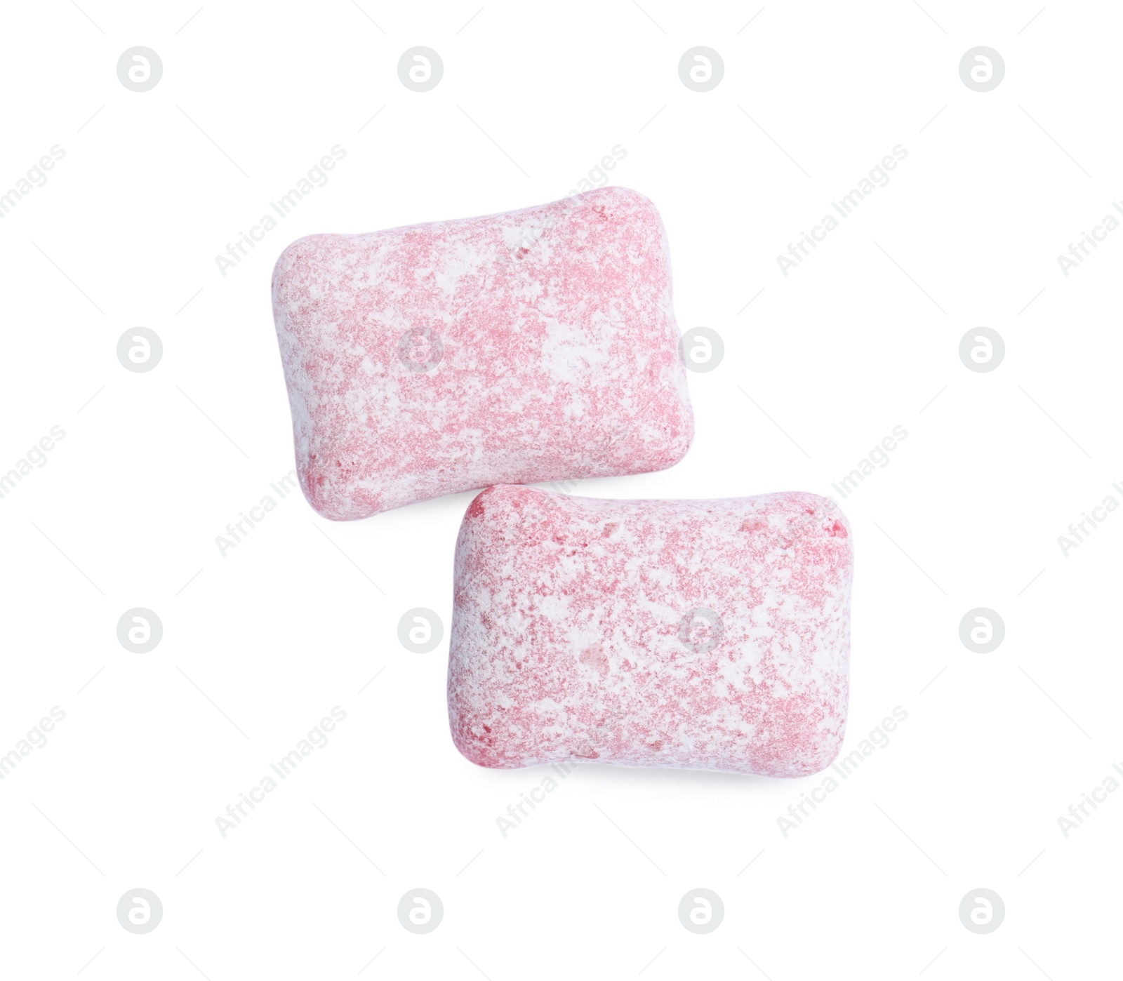 Photo of Tasty pink bubble gums isolated on white, top view